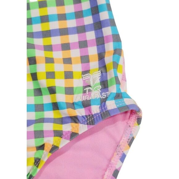 TYR DuraFast Lite Girls SUNSET PLAID Maxfit 1pc Swimsuit Dk Violet Pink Size 14 - Picture 2 of 14